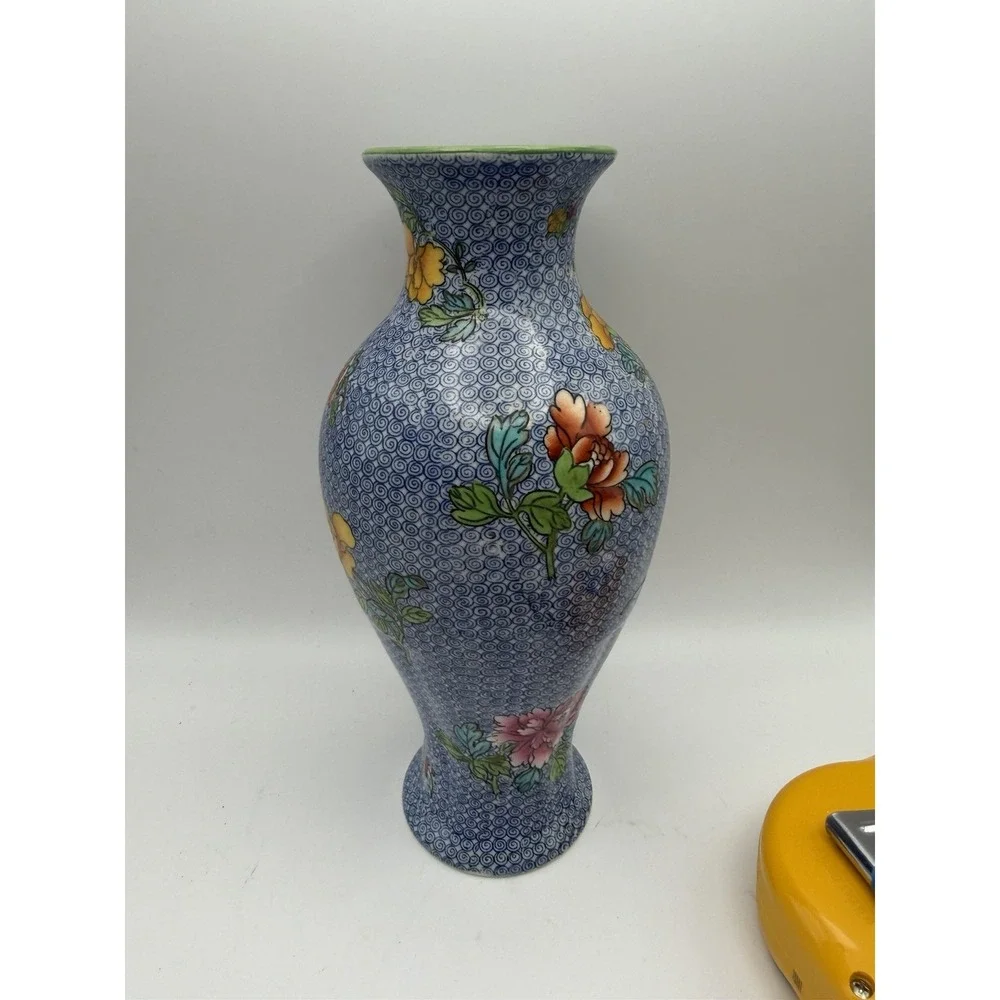 Wedgwood Cloisonné Baluster Vase Blue Floral Peony Porcelain England 9.25
